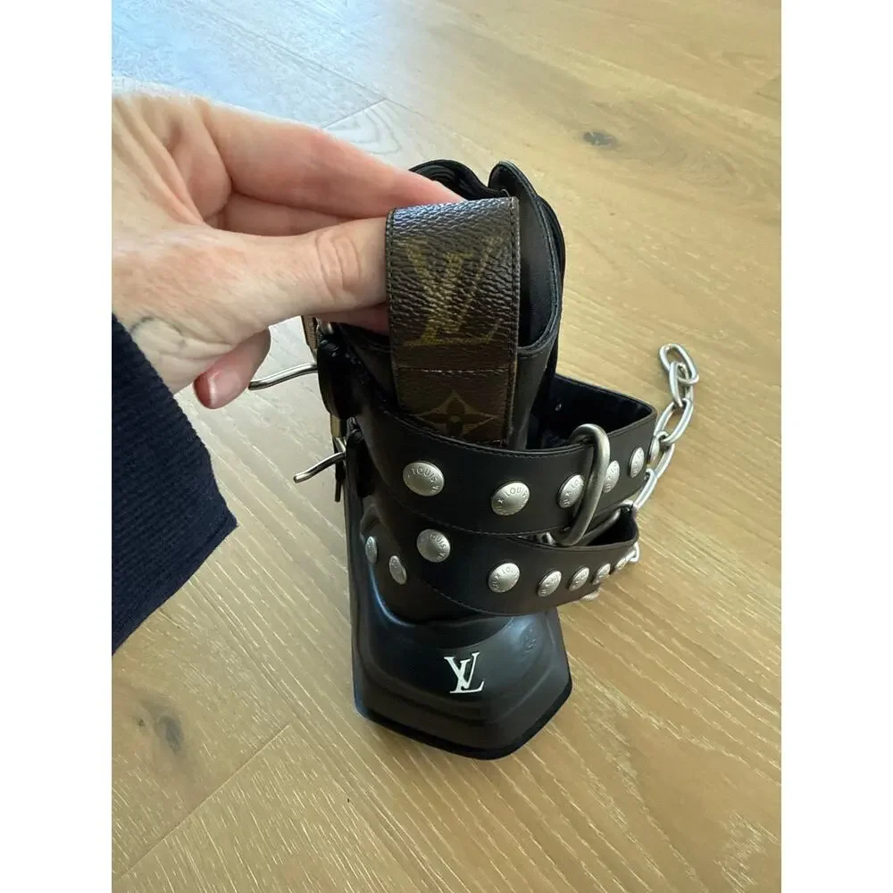 Louis Vuitton Leather Studded Accents Combat Boots w Chains Size 37 Black Silver